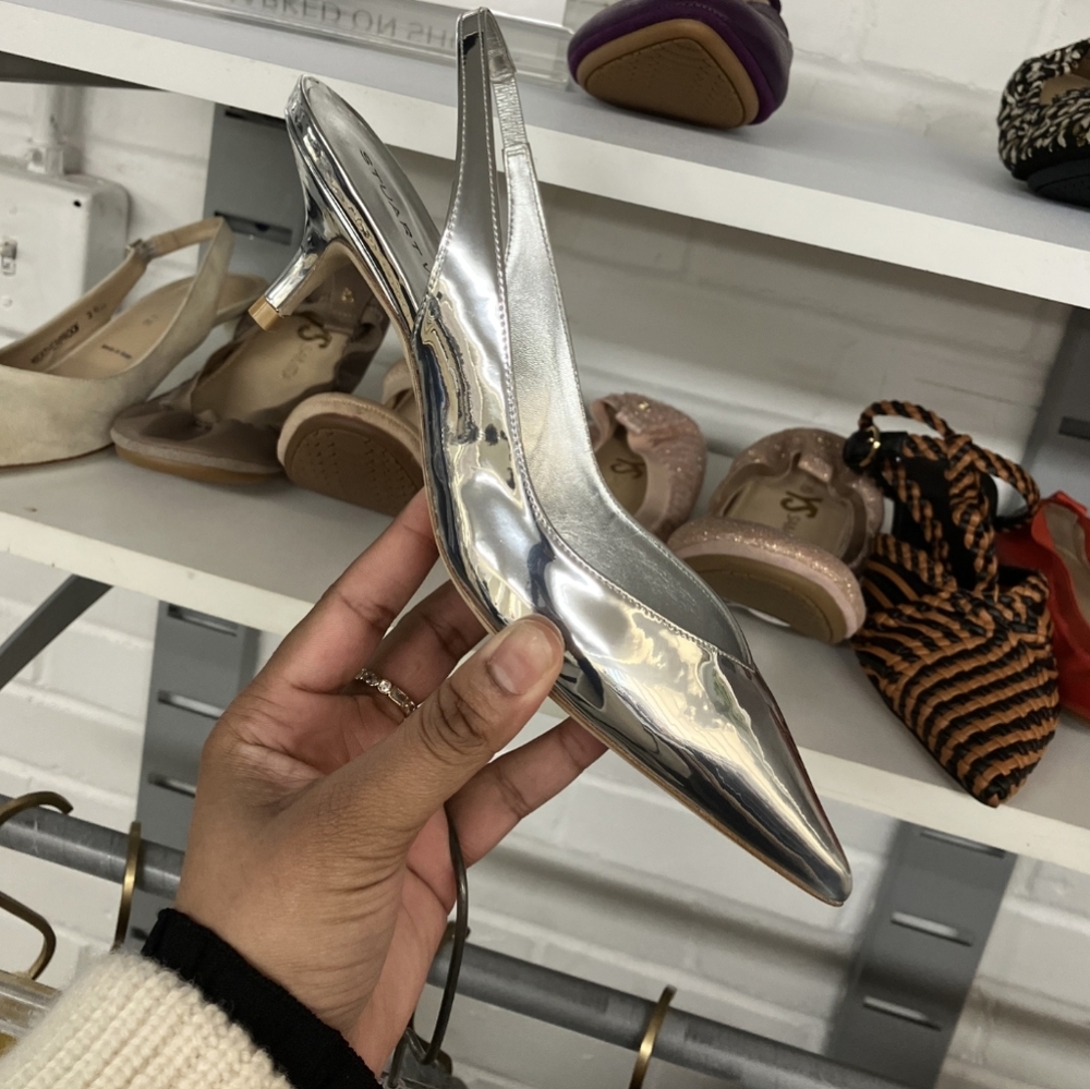 Sz 7.5 Nib Stuart Weitzman Eva 50 Silver Women's Slingback Heels - Picture 10 of 11